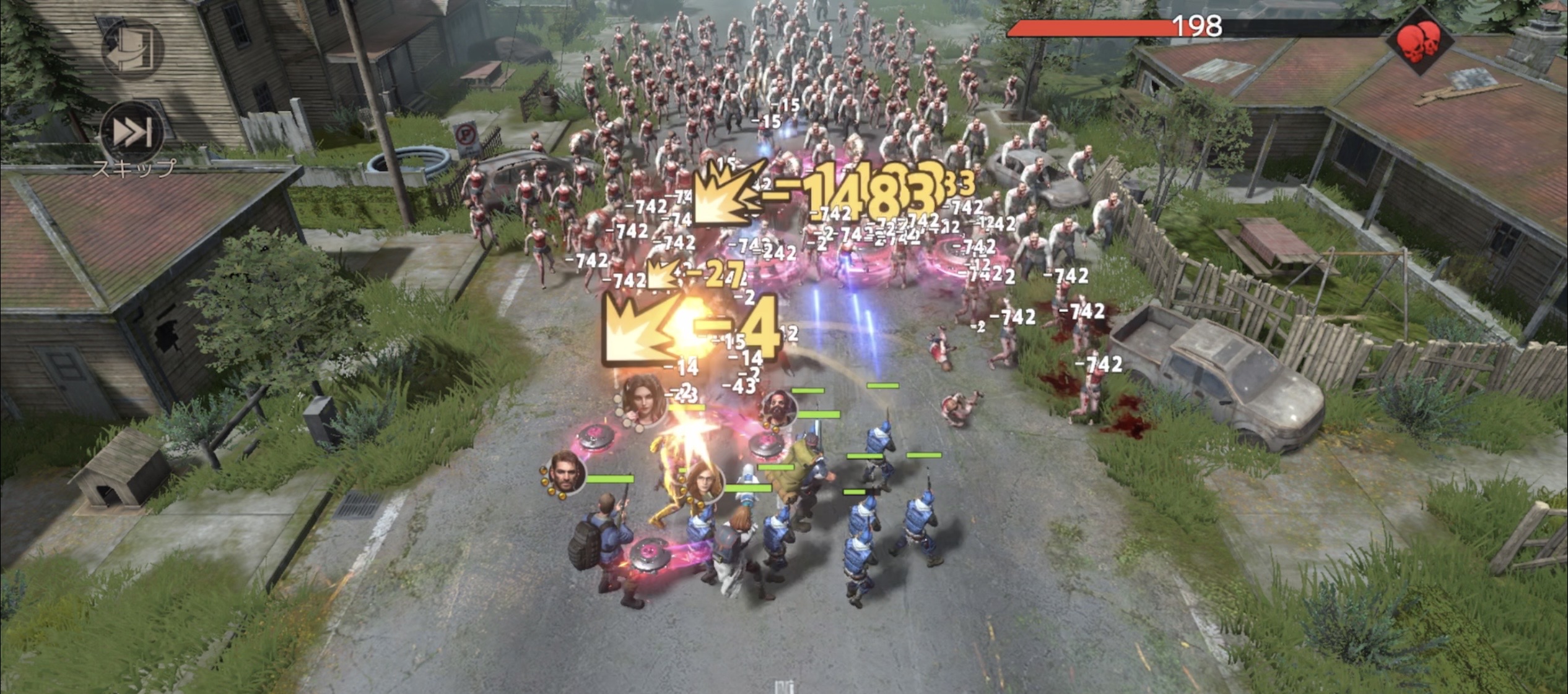 『ドゥームズデイ：ラストサバイバー』で部隊がゾンビの大群にスキルを放つ画面